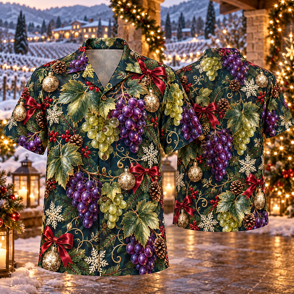 AlohaVero Christmas grapes Hawaiian shirt, front and back views