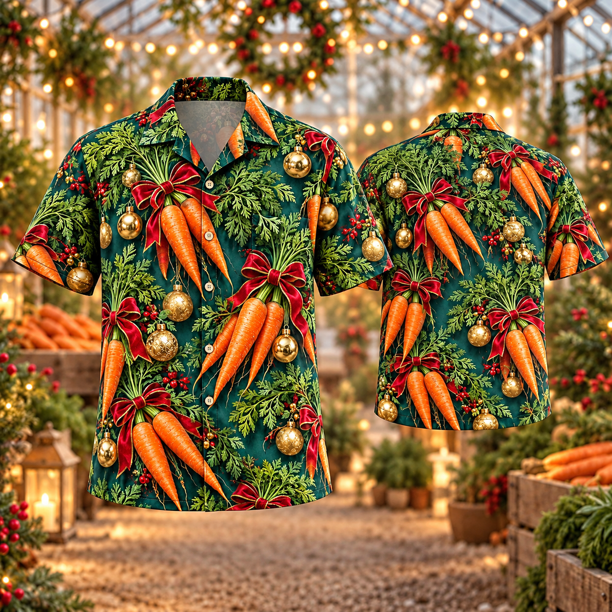 AlohaVero Christmas carrots Hawaiian shirt, front and back views