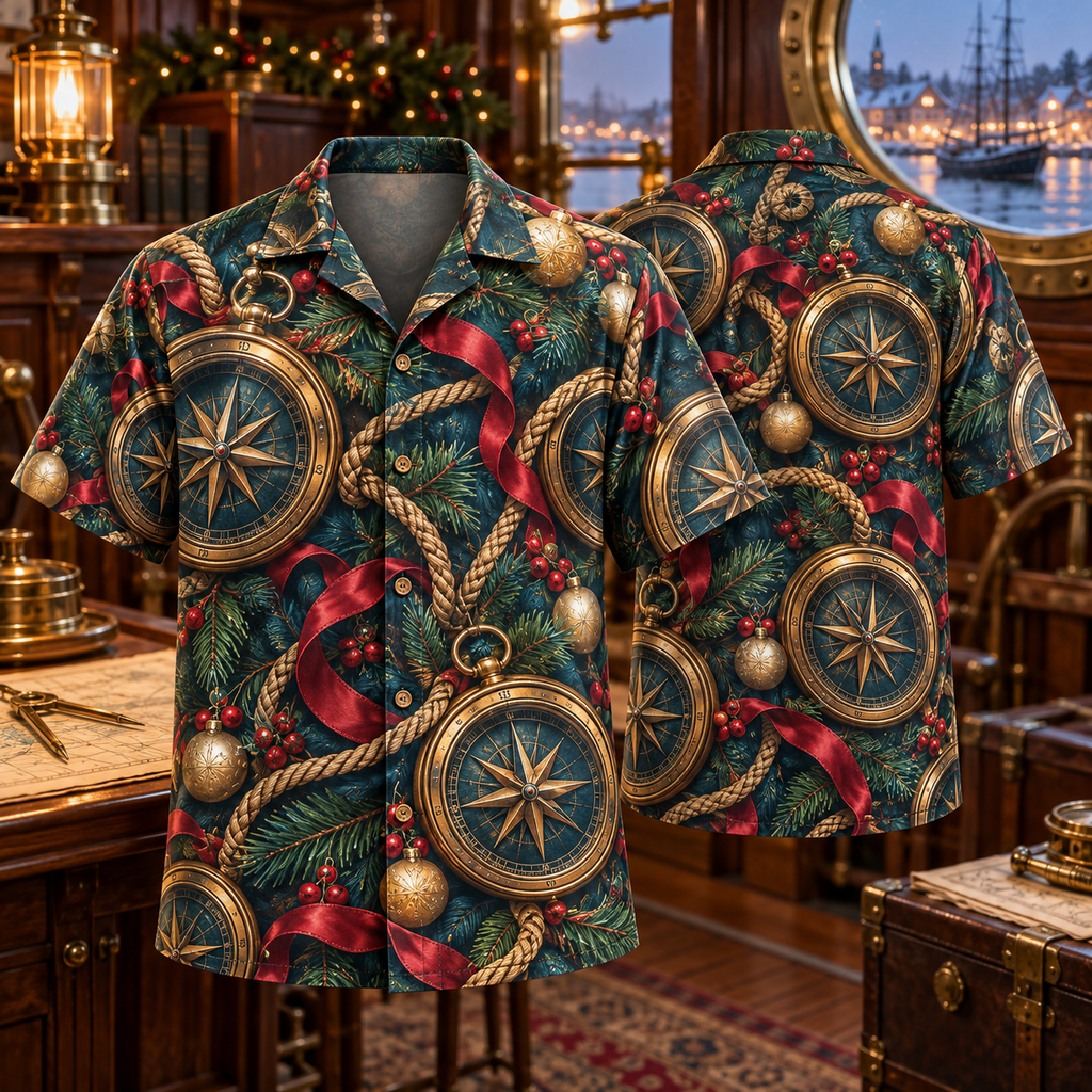 AlohaVero Christmas nautical compasses Hawaiian shirt, front and back views