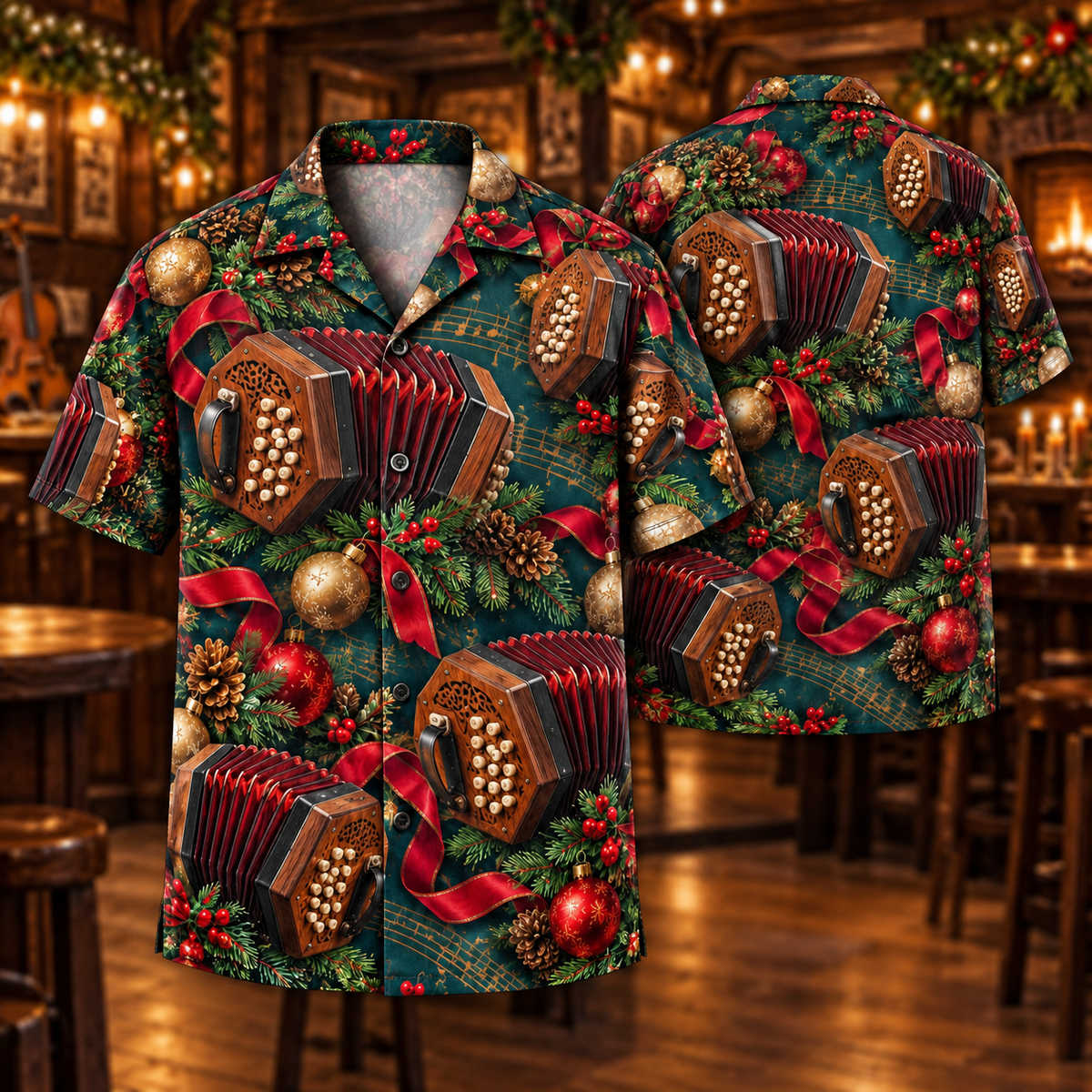AlohaVero Christmas concertinas Hawaiian shirt, front and back views