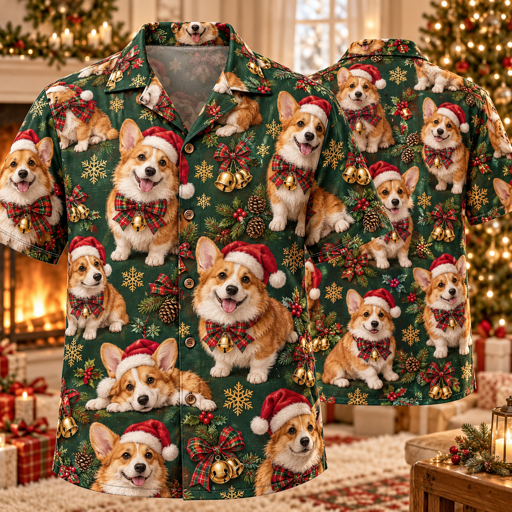 AlohaVero Christmas corgis Hawaiian shirt, front and back views