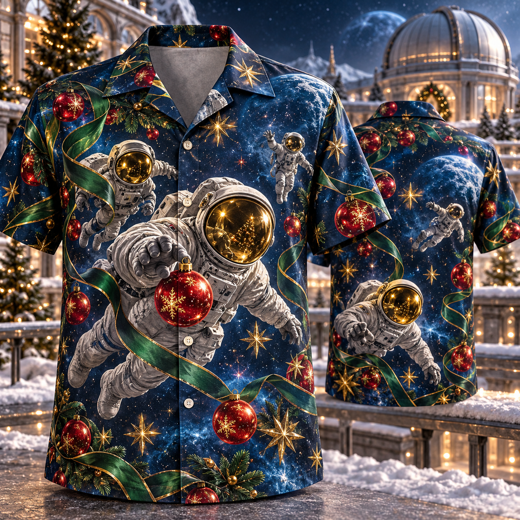 AlohaVero Christmas astronauts Hawaiian shirt, front and back views