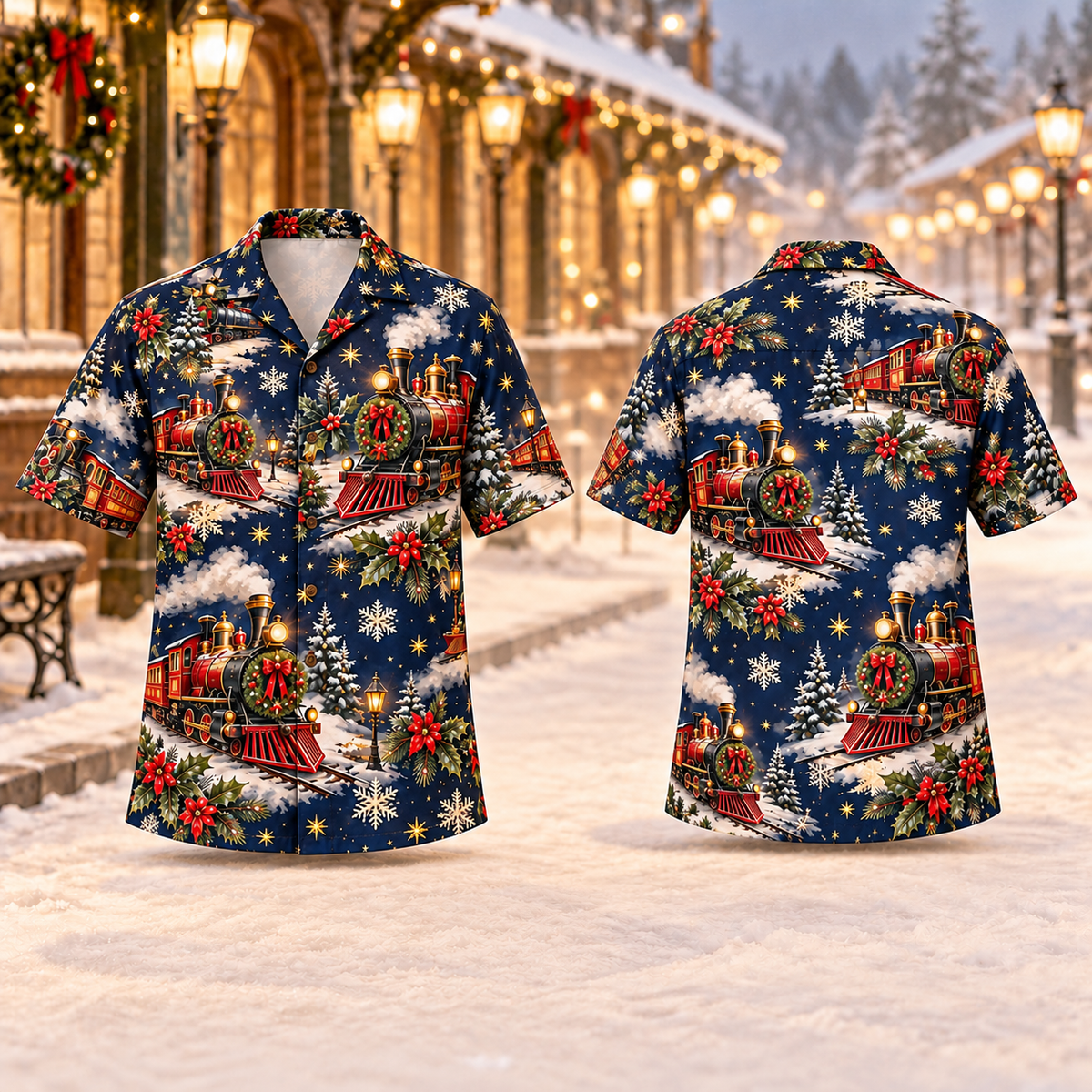 AlohaVero Christmas steam trains Hawaiian shirt, front and back views