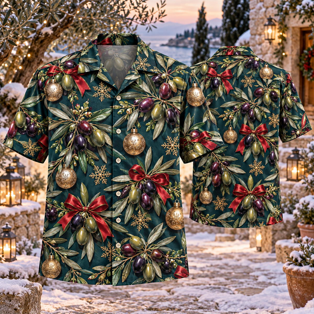 AlohaVero Christmas olives Hawaiian shirt, front and back views