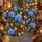 AlohaVero Christmas hydrangeas Hawaiian shirt, front and back views