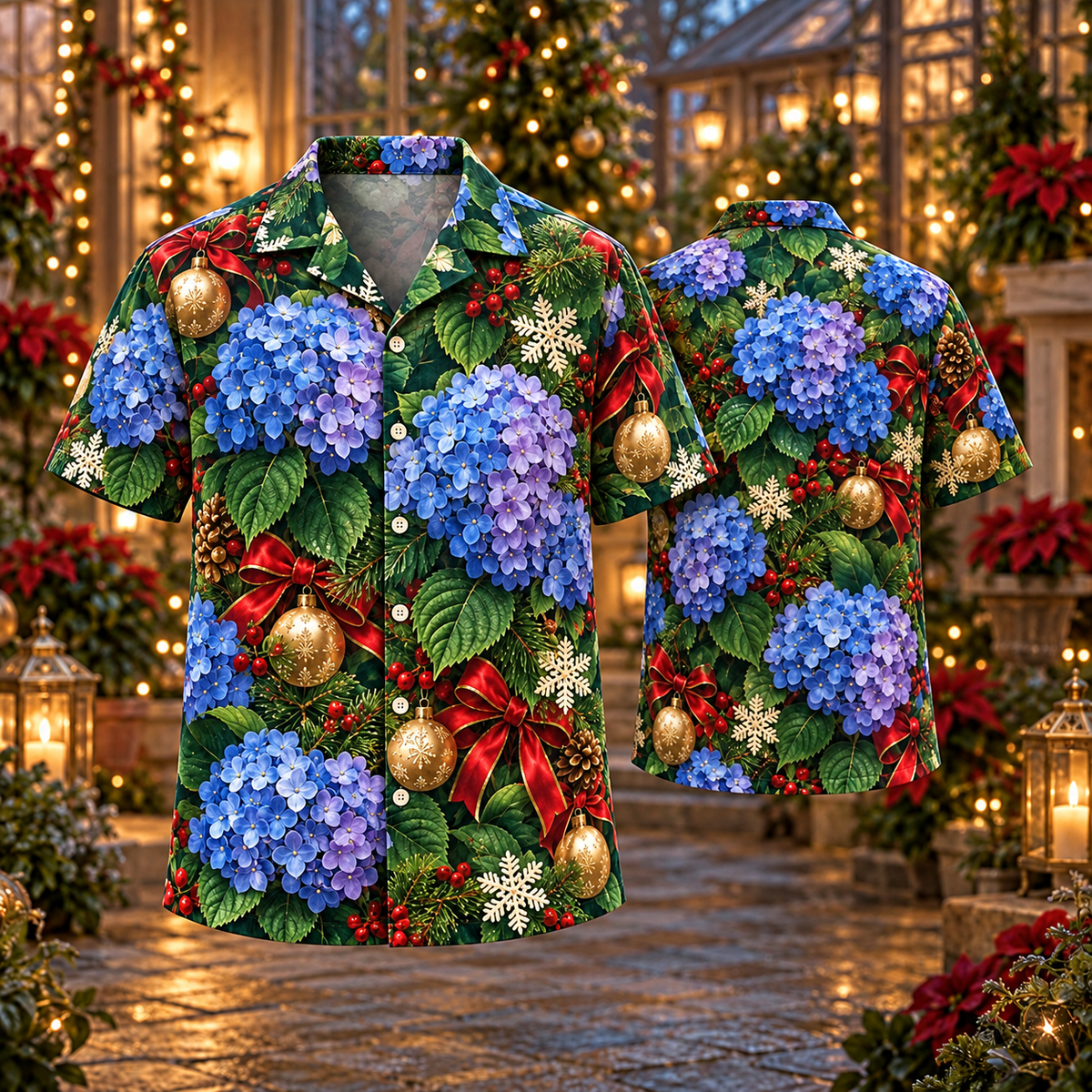 AlohaVero Christmas hydrangeas Hawaiian shirt, front and back views