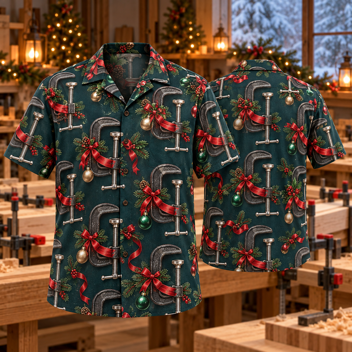 AlohaVero Christmas c-clamps Hawaiian shirt, front and back views