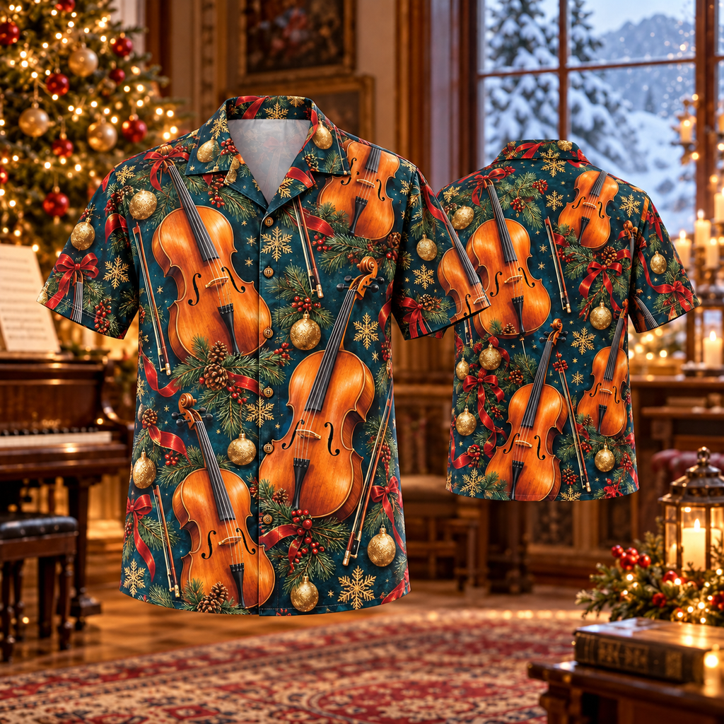 AlohaVero Christmas cellos Hawaiian shirt, front and back views