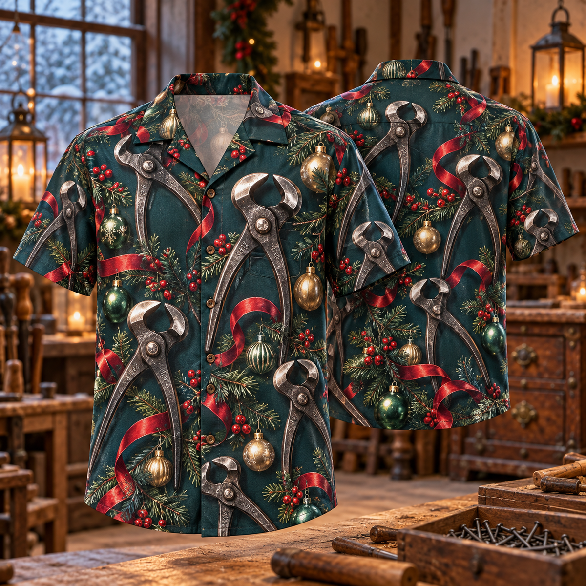 AlohaVero Christmas pincers Hawaiian shirt, front and back views