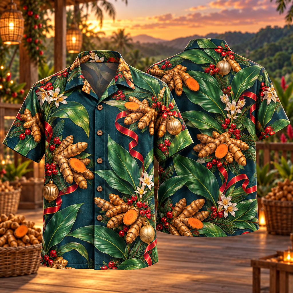AlohaVero Christmas turmeric Hawaiian shirt, front and back views