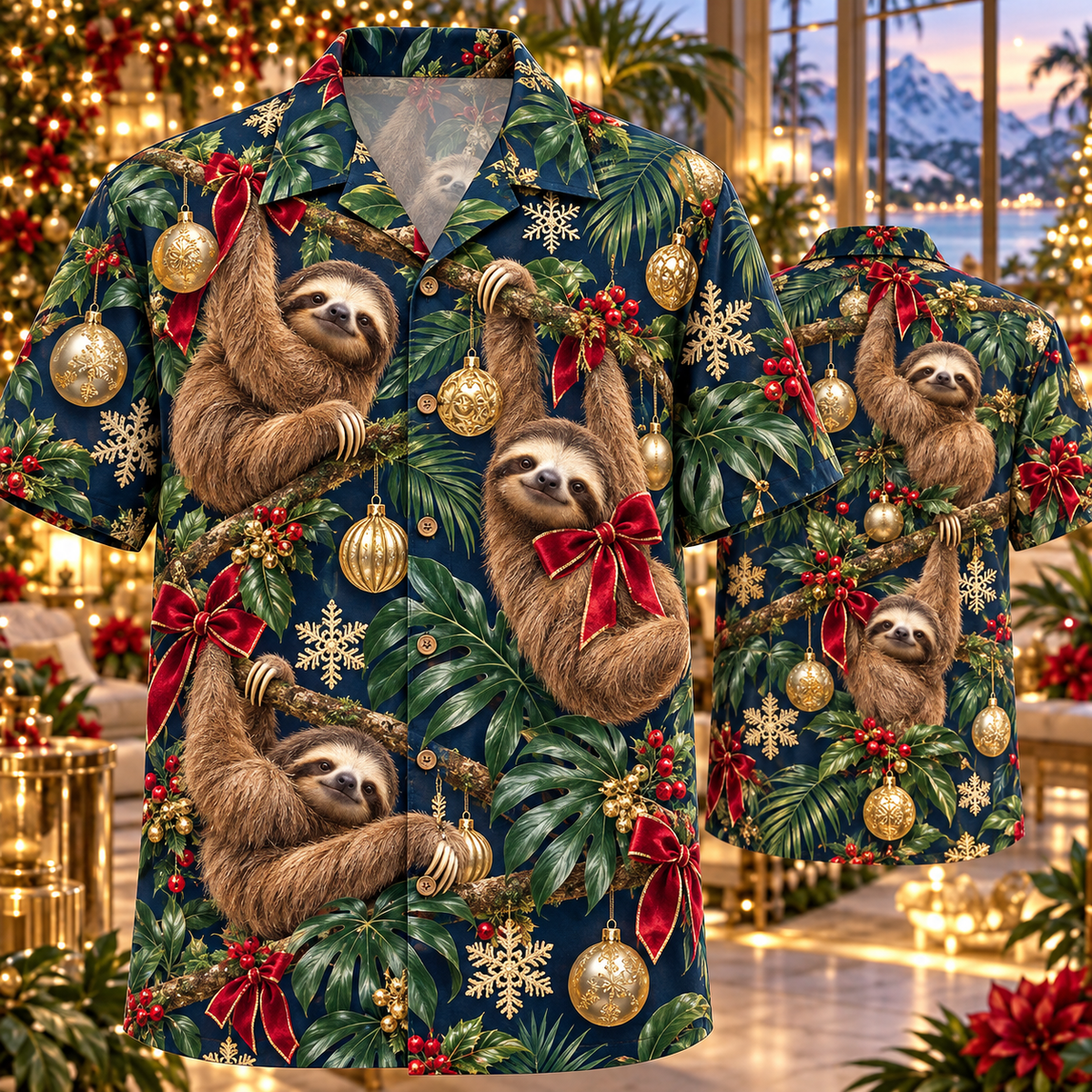 AlohaVero Christmas sloths Hawaiian shirt, front and back views