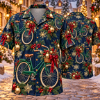AlohaVero Christmas bicycles Hawaiian shirt, front and back views