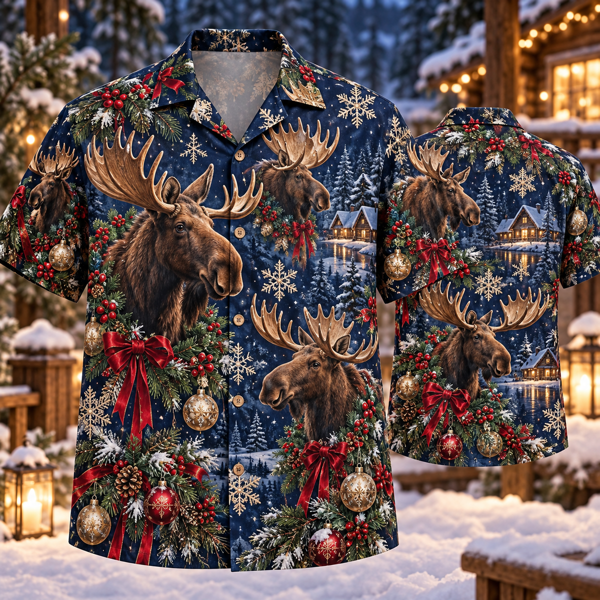 AlohaVero Christmas moose Hawaiian shirt, front and back views