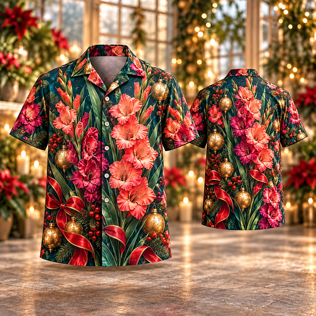 AlohaVero Christmas gladiolus Hawaiian shirt, front and back views