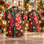 AlohaVero Christmas gladiolus Hawaiian shirt, front and back views