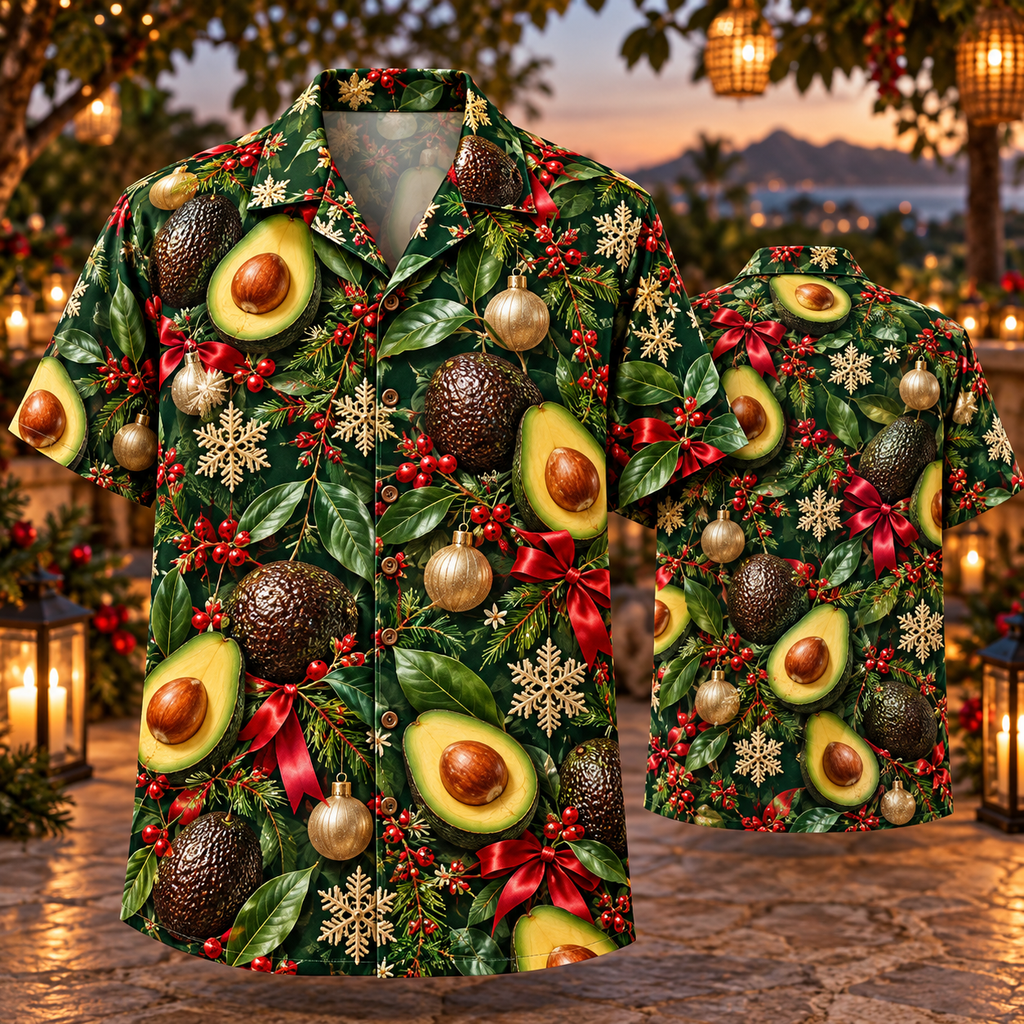 AlohaVero Christmas avocados Hawaiian shirt, front and back views