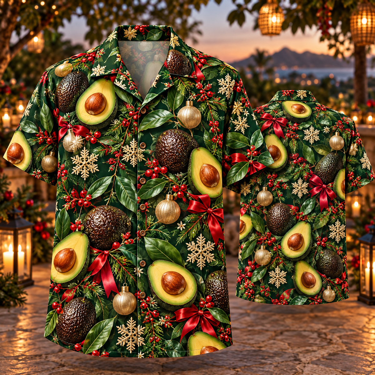 AlohaVero Christmas avocados Hawaiian shirt, front and back views