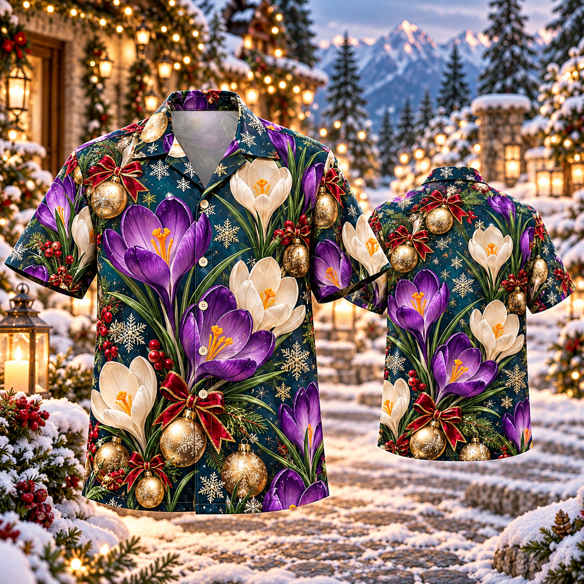 AlohaVero Christmas crocuses Hawaiian shirt, front and back views
