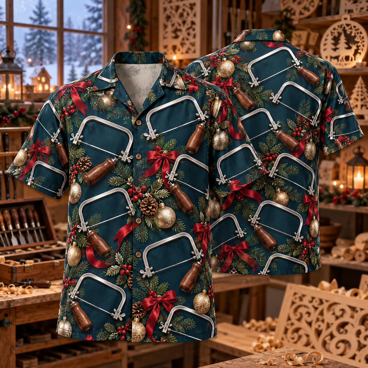 AlohaVero Christmas coping-saws Hawaiian shirt, front and back views