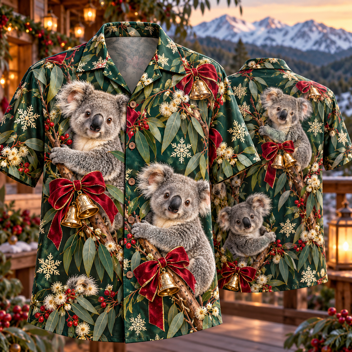 AlohaVero Christmas koalas Hawaiian shirt, front and back views
