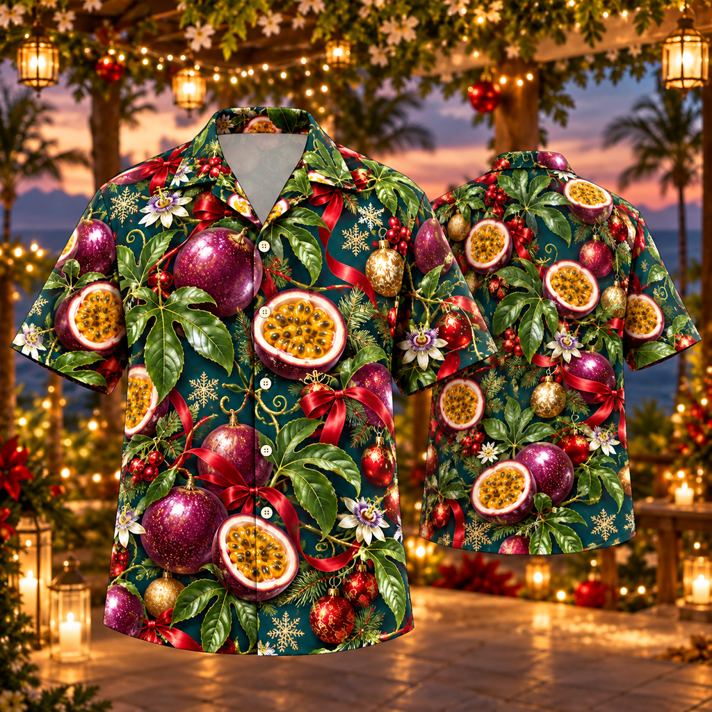 AlohaVero Christmas passion-fruit Hawaiian shirt, front and back views