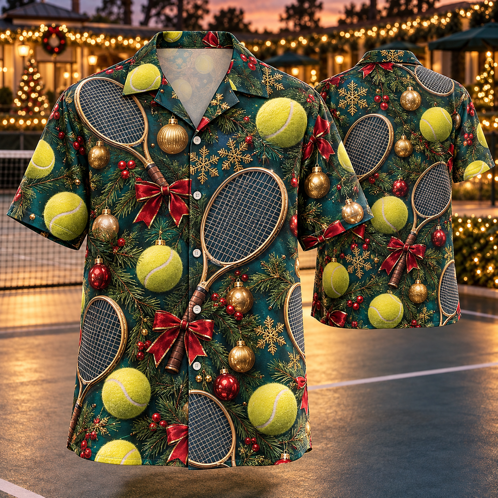 AlohaVero Christmas tennis Hawaiian shirt, front and back views