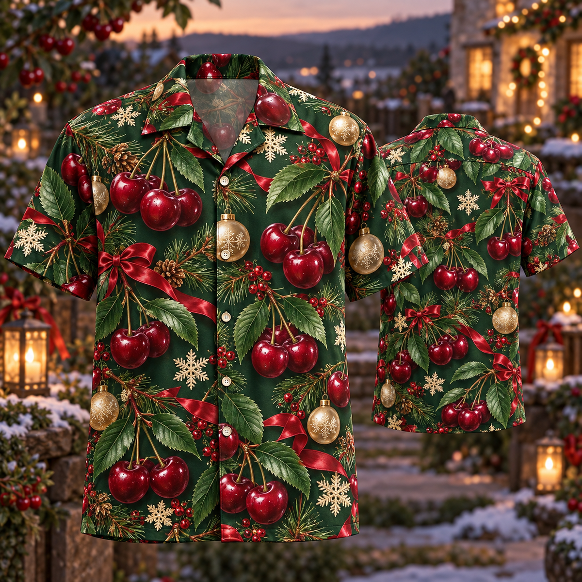 AlohaVero Christmas cherries Hawaiian shirt, front and back views