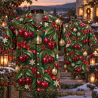 AlohaVero Christmas cherries Hawaiian shirt, front and back views