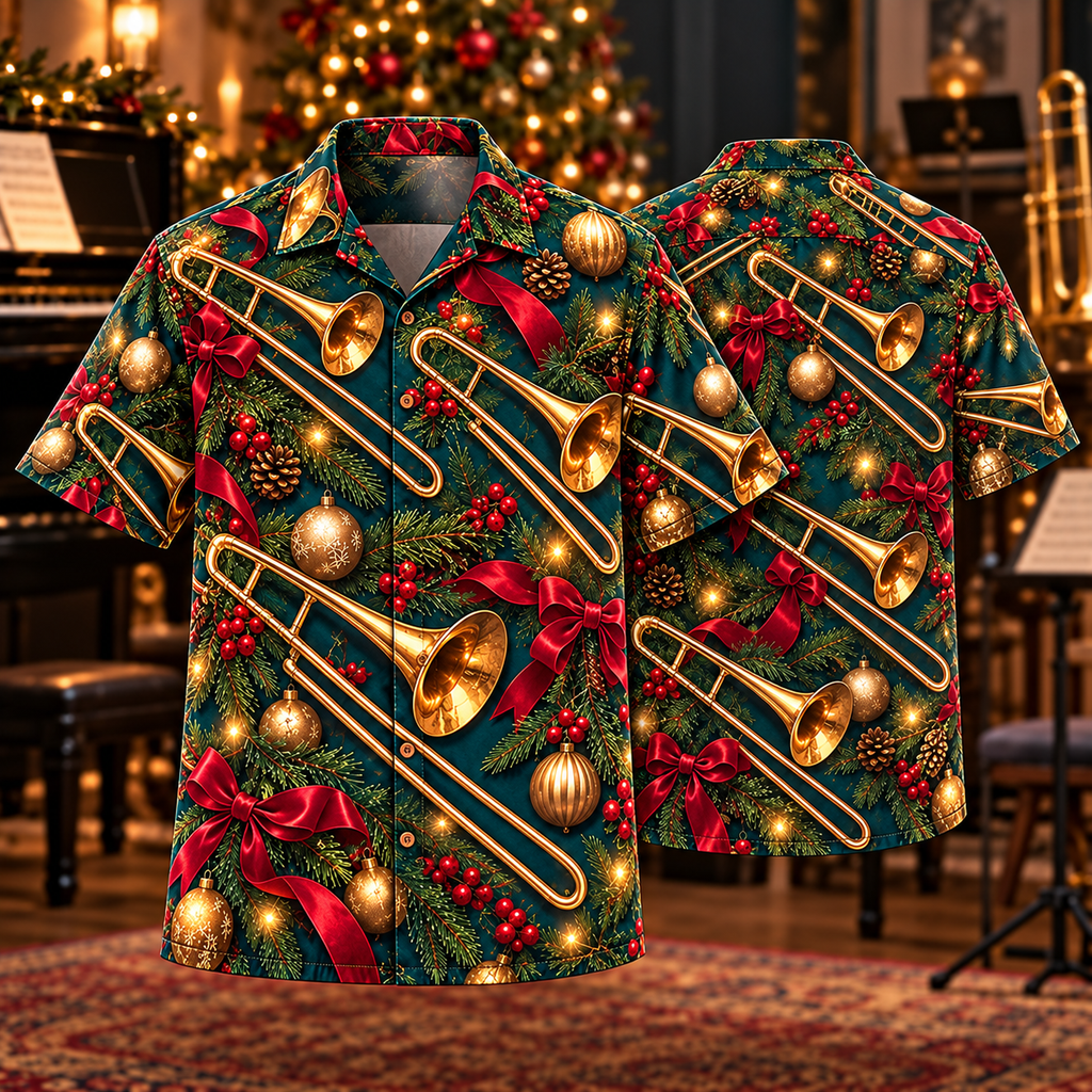 AlohaVero Christmas trombones Hawaiian shirt, front and back views