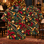 AlohaVero Christmas trombones Hawaiian shirt, front and back views
