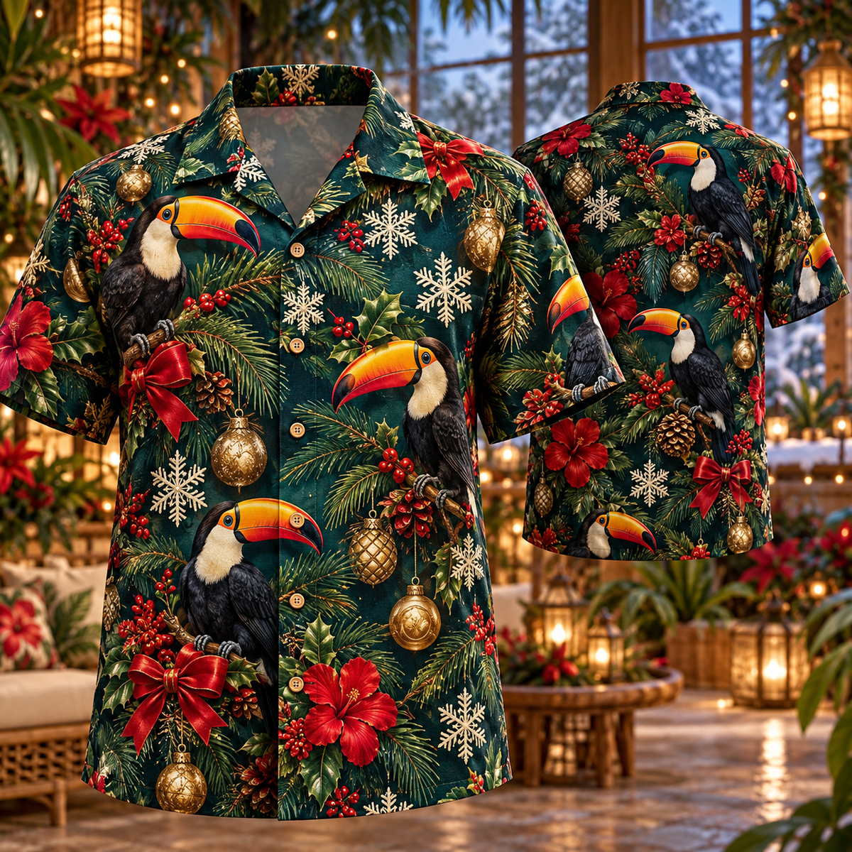 AlohaVero Christmas toucans Hawaiian shirt, front and back views