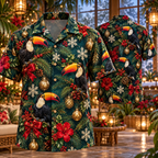 AlohaVero Christmas toucans Hawaiian shirt, front and back views