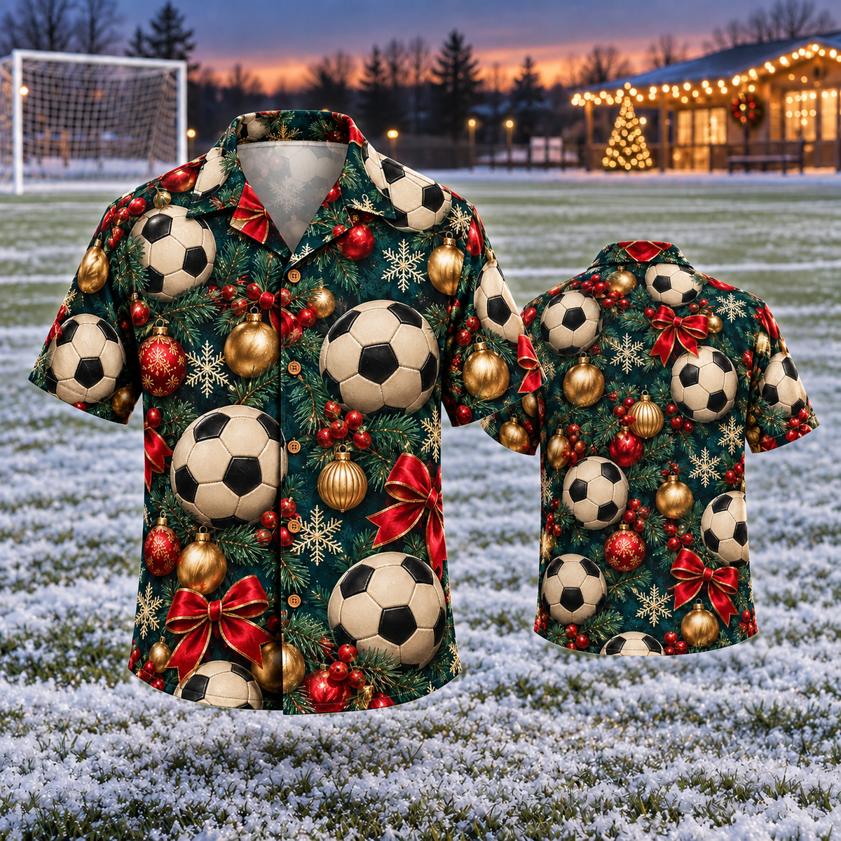 AlohaVero Christmas soccer Hawaiian shirt, front and back views