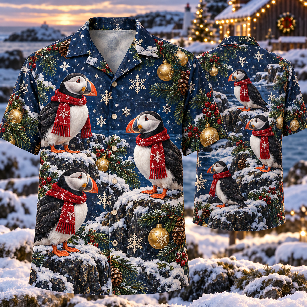 AlohaVero Christmas puffins Hawaiian shirt, front and back views