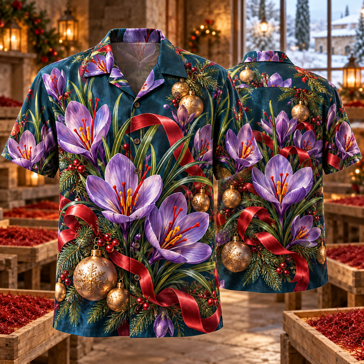 AlohaVero Christmas saffron crocuses Hawaiian shirt, front and back views