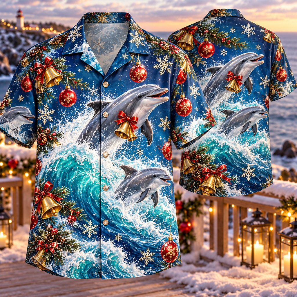 AlohaVero Christmas dolphins Hawaiian shirt, front and back views