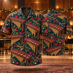 AlohaVero Christmas marimbas Hawaiian shirt, front and back views