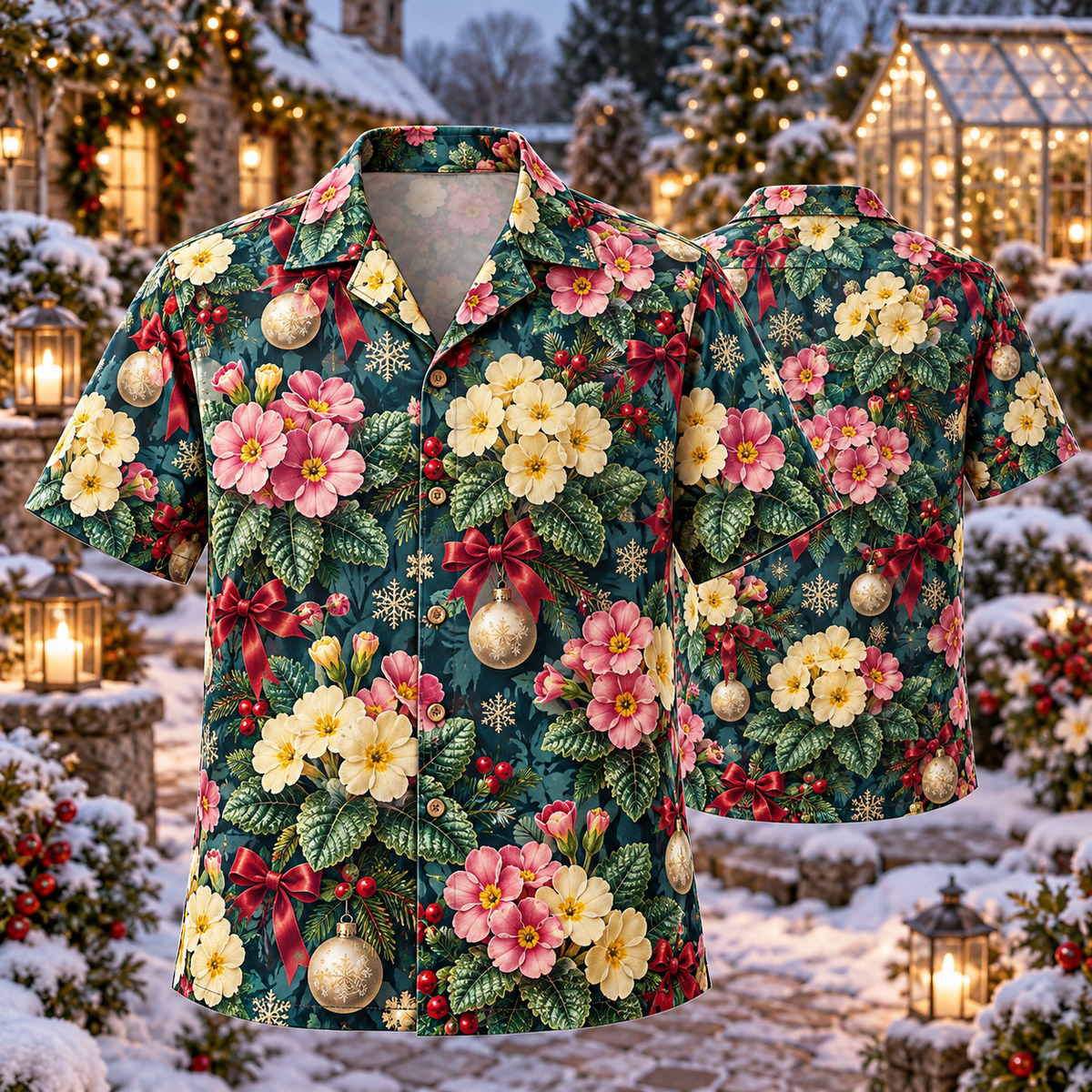 AlohaVero Christmas primroses Hawaiian shirt, front and back views