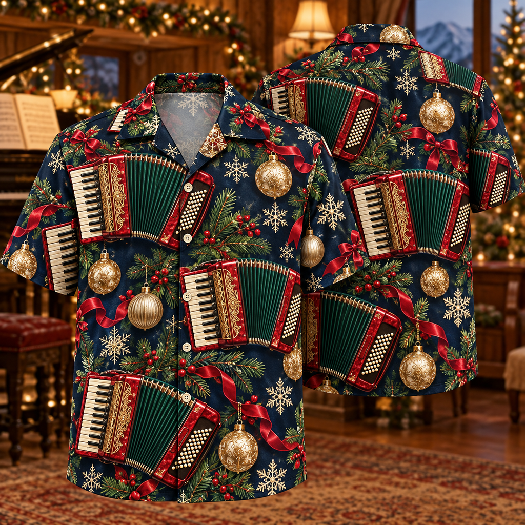 AlohaVero Christmas accordions Hawaiian shirt, front and back views