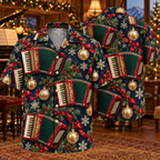 AlohaVero Christmas accordions Hawaiian shirt, front and back views