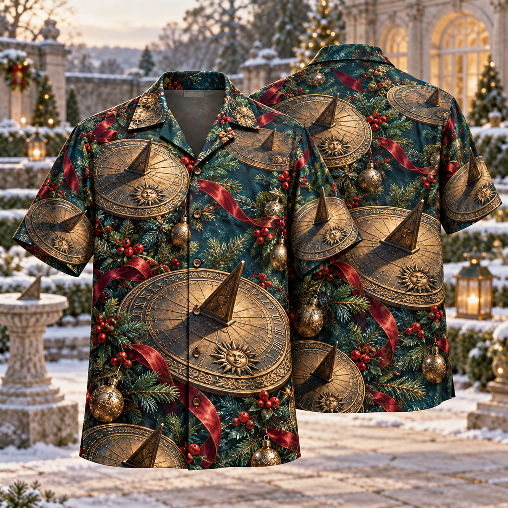 AlohaVero Christmas sundials Hawaiian shirt, front and back views