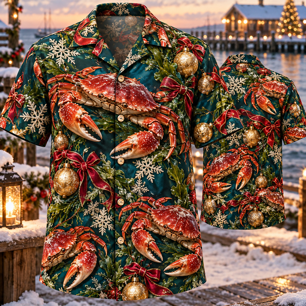 AlohaVero Christmas crabs Hawaiian shirt, front and back views