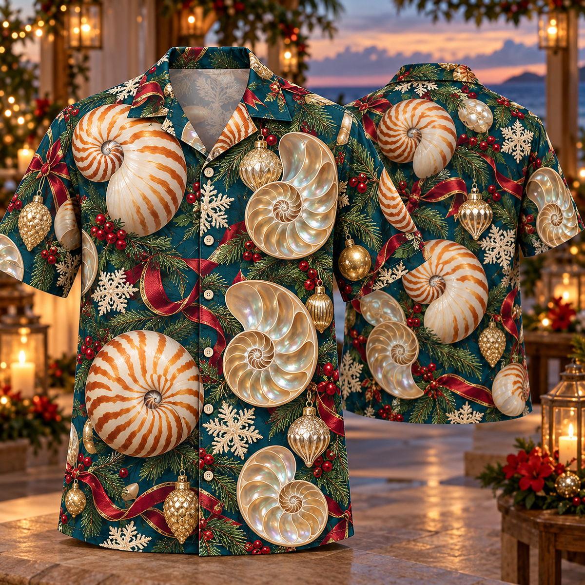 AlohaVero Christmas nautilus shells Hawaiian shirt, front and back views