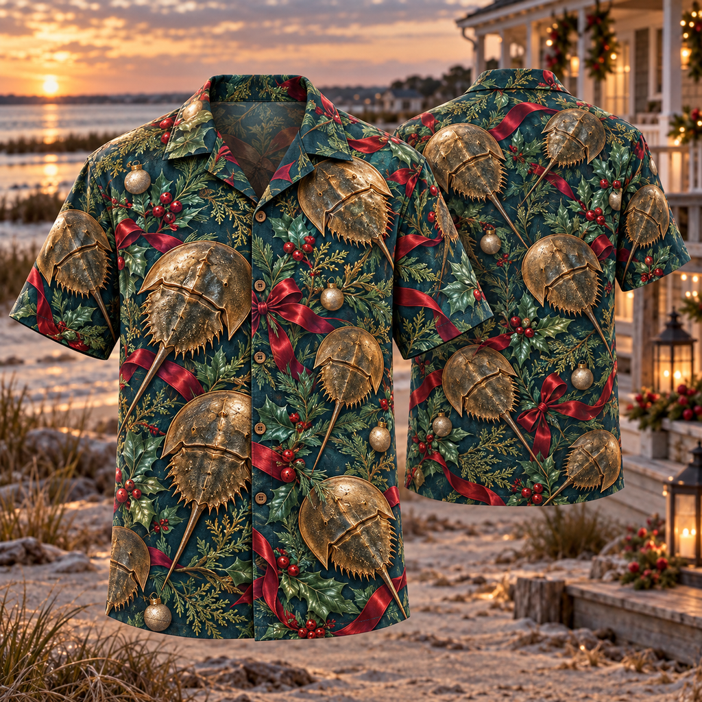 AlohaVero Christmas horseshoe crabs Hawaiian shirt, front and back views