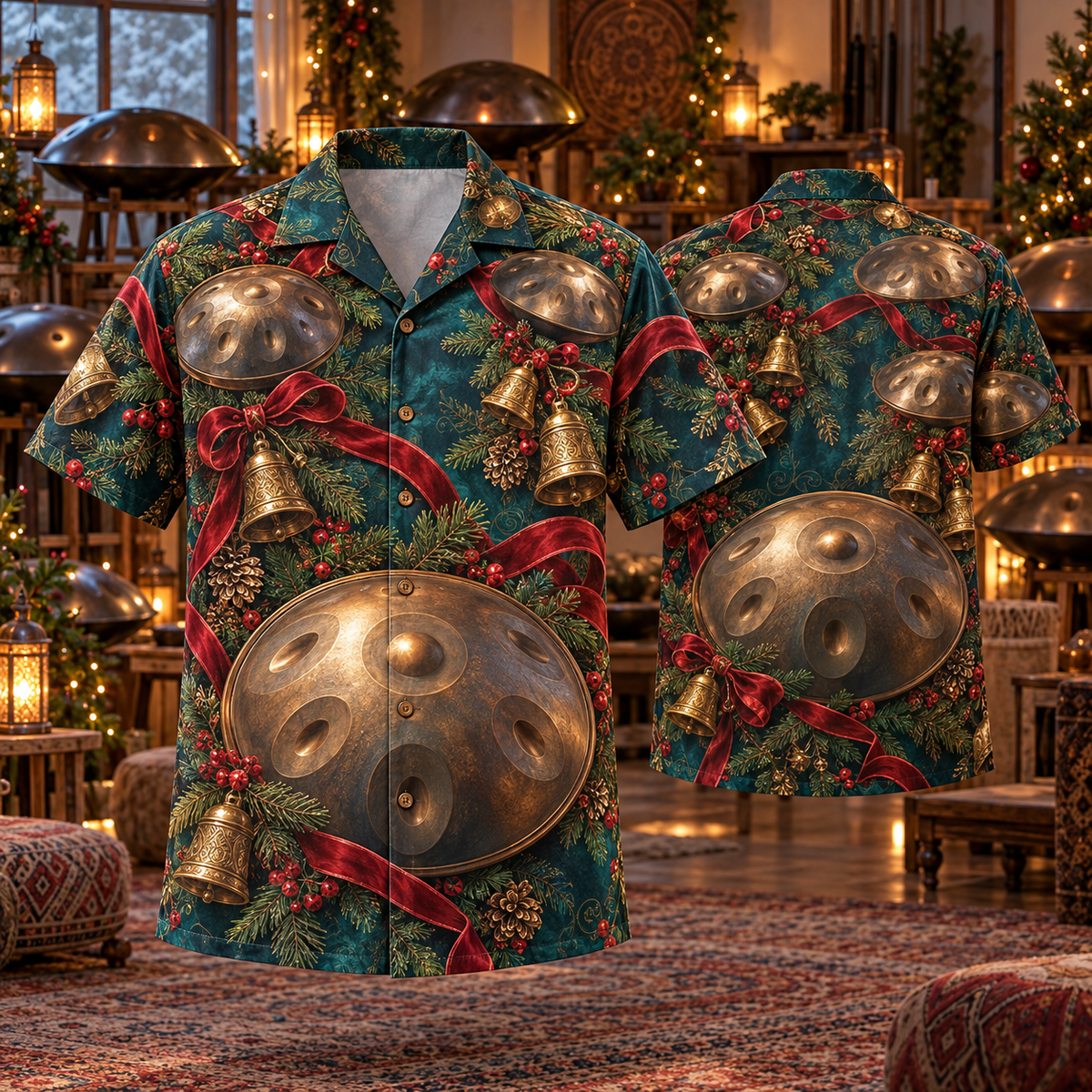 AlohaVero Christmas handpans Hawaiian shirt, front and back views