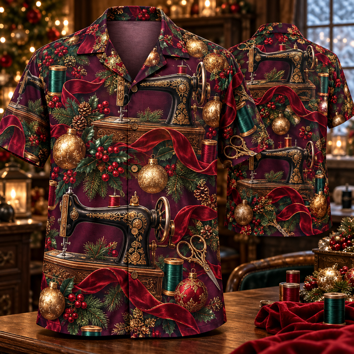 AlohaVero Christmas sewing-machines Hawaiian shirt, front and back views