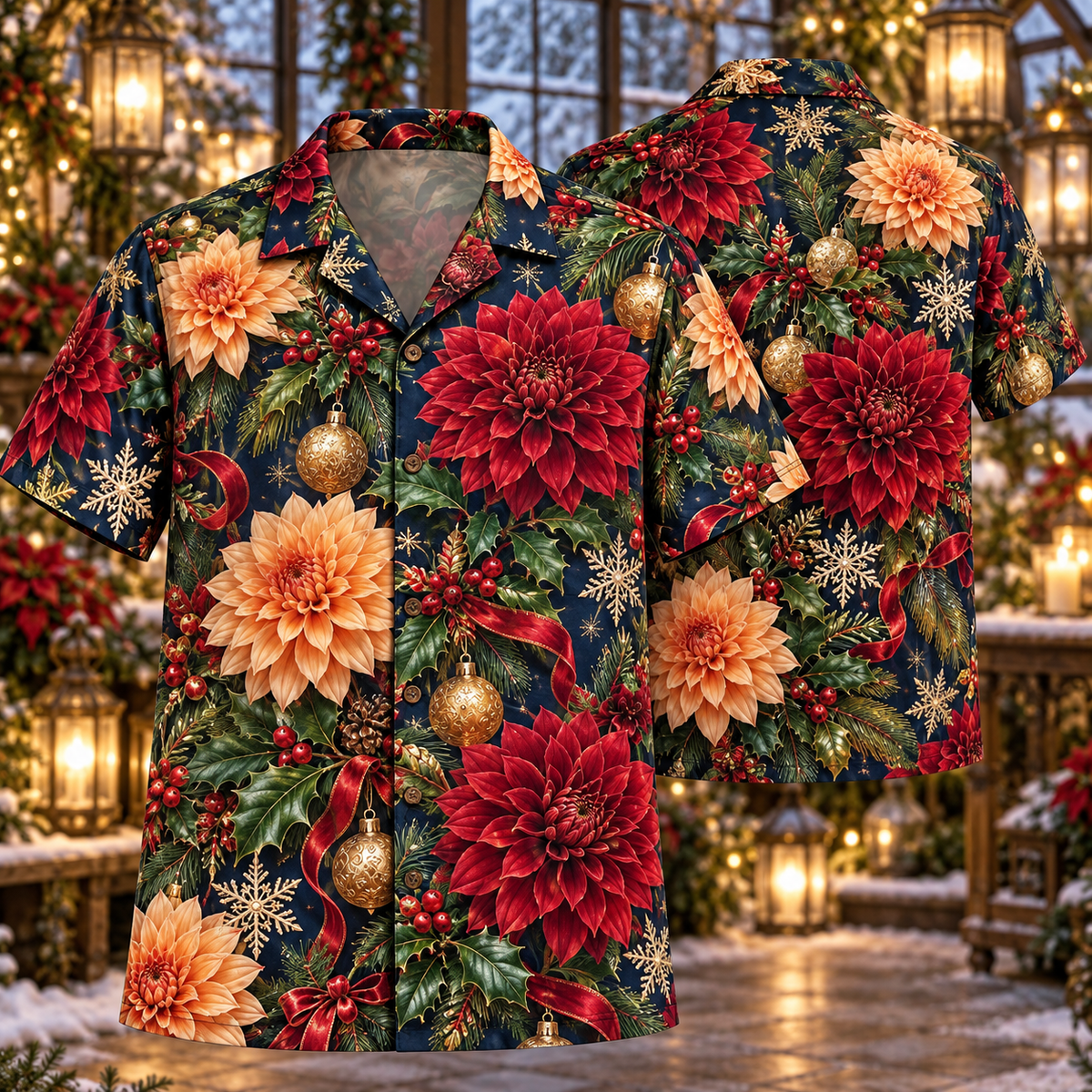 AlohaVero Christmas dahlias Hawaiian shirt, front and back views