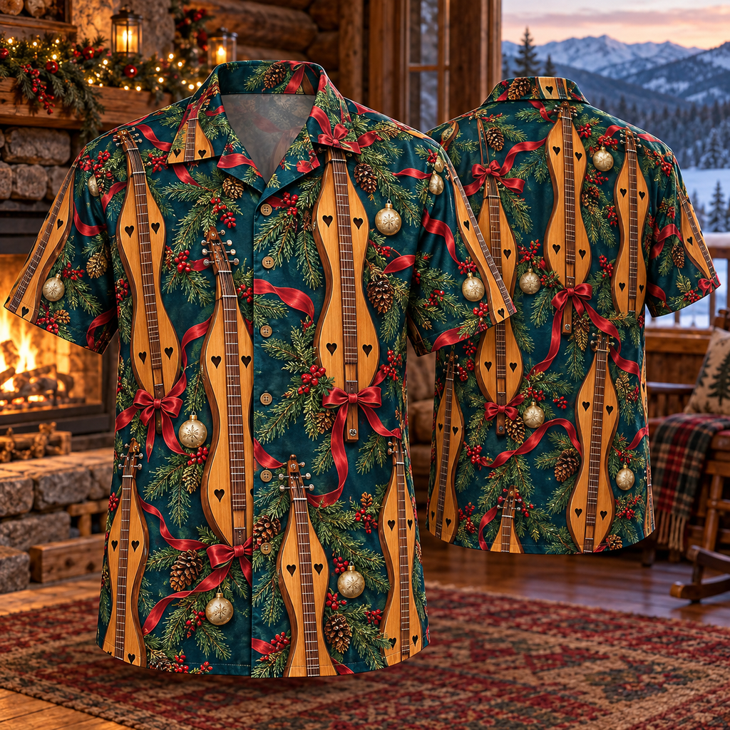 AlohaVero Christmas dulcimers Hawaiian shirt, front and back views