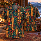 AlohaVero Christmas dulcimers Hawaiian shirt, front and back views