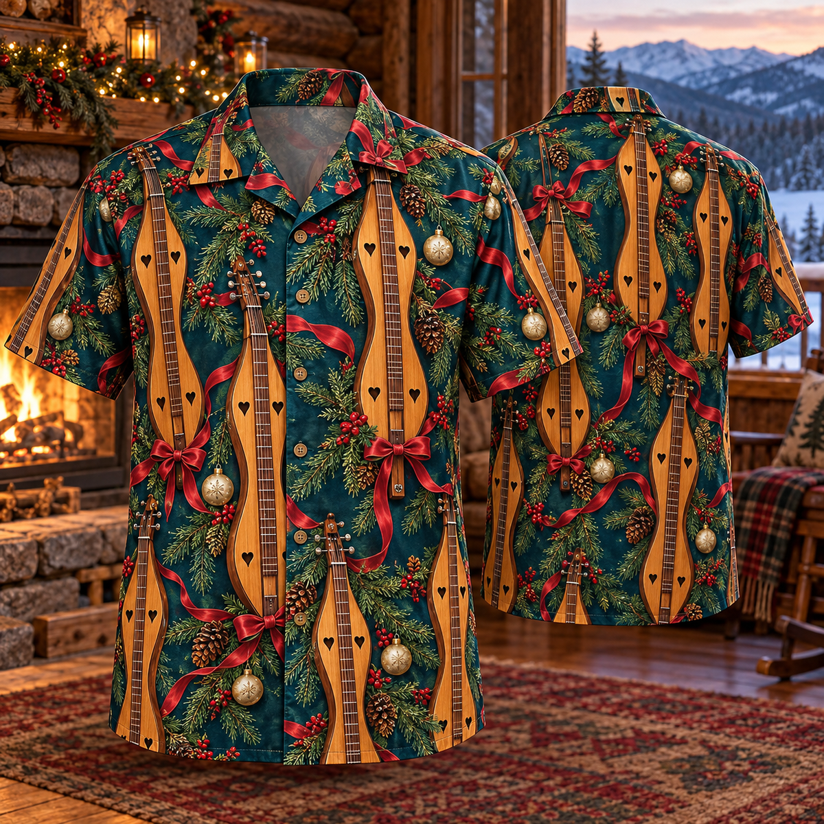 AlohaVero Christmas dulcimers Hawaiian shirt, front and back views